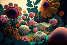  A Painting Of A Colorful Landscape With Flowers And Plants In The Foreground And A Large Flower In The Background, With A Yellow Sky In The Background, A Pink, Orange, Blue. Generative Ai