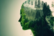  A Woman's Head With Trees And Mountains In The Background, With A Sky Background And A Green Sky With Clouds And Trees, And A Green Sky With A White Background, With A. Generative AI