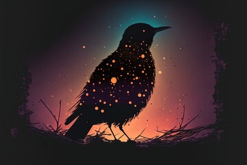 Wall Mural -  a bird sitting on top of a grass covered field under a purple sky with yellow and orange dots on it's wings and head, with a black background of grass and grass and branches. generative ai