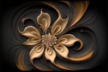 Wall Mural -  a computer generated image of a flower with a black background and gold swirls on it's petals and petals, with a black background with a gold and white swirl, and black background,. generative ai