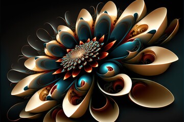 Canvas Print -  a computer generated image of a flower with a black background and a blue center with a gold center and a red center with a white center with a gold center and blue center with a. generative ai