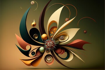 Wall Mural -  a stylized abstract design with a flower and bubbles in the center of the image, on a brown background with a light brown background, with a slight shadow, a few small, some. generative ai