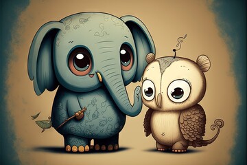 Sticker -  a couple of elephants standing next to each other on a brown background with a blue background and a brown background with a white elephant and a white owl on right side of elephant. Generative AI