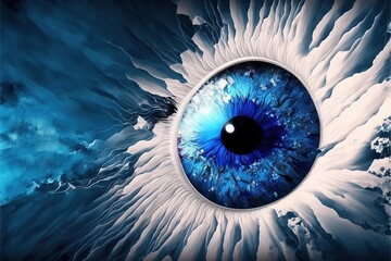 Wall Mural -  a blue eye with white and blue swirls on it's iris and a black eyeball in the center of the iris of the iris of the eye, with a blue background. generative ai