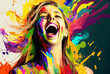 © wetzkaz - extremely happy young woman, colorful spectacle of emotions with laughing face of attractive female. Generative AI
