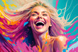 extremely happy young woman, colorful spectacle of emotions with laughing face of attractive female. Generative AI