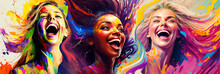 Extremely Happy Young Women, Colorful Spectacle Of Emotions With Laughing Faces Of Attractive Females. Generative AI