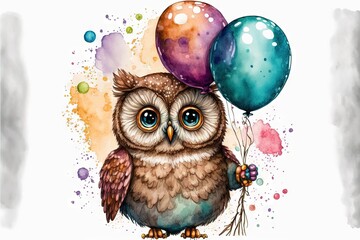 Sticker -  a watercolor painting of an owl holding a bunch of balloons and a string of string of string of string of string of string of string of string of string of string of string of string. Generated AI