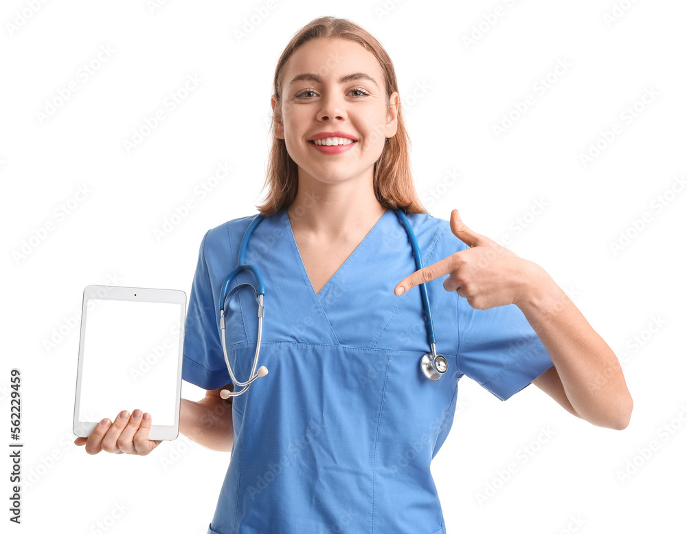 Female intern with tablet computer on white background