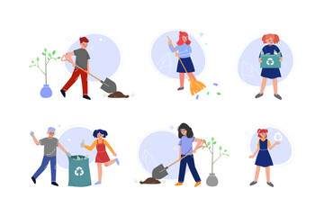 Canvas Print - Boys and girls volunteers gathering waste for recycling and planting trees set. Nature and ecology protection cartoon vector illustration