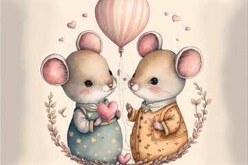 Sticker -  two mice holding a heart shaped balloon in their hands, with a heart shaped balloon in the background, on a beige background with a border of leaves and hearts, and a pink and. Generative AI