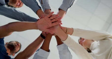 Aufkleber - Business people, hands and together with team and support, collaboration and team building low angle. Business meeting, connection with trust, community and solidarity with teamwork and motivation