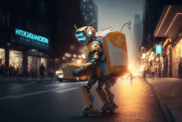 A fictional futuristic artificial intelligence delivery and transport robot operating on two legs with a transport box on a busy street in a city. Generative AI