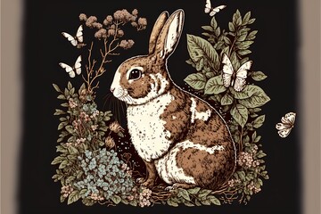 Sticker -  a rabbit sitting in a field of flowers and butterflies on a black background with a brown border around it and a white border around the edges of the image is a brown border with a. Generative AI