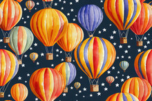 Seamless Pattern Of A Hot Air Balloon, Moon, Clouds, Stars, And Balloons Painted In Watercolor; Might Be Used For Fabric Or Wallpaper. Generative AI