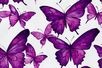 Wall Mural - butterflies in lilac and pink watercolor painting. Soft and breezy with paint splatters; seamless pattern. Used for fibers, textiles, wallpaper, printing, and paper. Generative AI