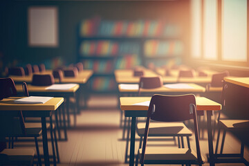 Poster - blurred image of empty modern classroom with wooden desks and chairs. back to school concept. genera