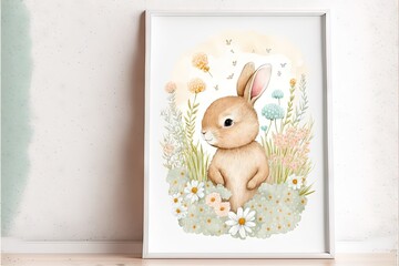 Poster -  a picture of a rabbit sitting in a field of flowers and daisies with a butterfly in the background, on a white wall with a white frame on a wooden floor. Generative AI