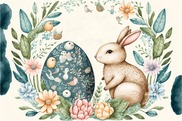  a watercolor painting of a bunny and an egg with flowers and leaves around it, with the words, the easter easy written in the center of the image on the bottom corner of the. Generative AI 