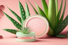  A Pink Jar With A Green Plant Inside Of It Next To A Pink Background With A Pink Circle And A Green Plant In It On Top Of The Jar Is A Pink Background With A. Generative AI 