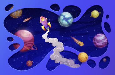 Wall Mural - cartoon space paper cut rocket, starry galaxy and planets. vector 3d landscape with spaceship in uni