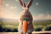  A Rabbit Holding A Carrot In Its Paws And Looking At The Camera With A Sky Background Behind It And Clouds In The Sky Above It, And A Field Of Grass And Land Below,. Generative AI