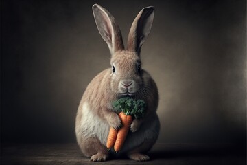 Sticker -  a rabbit holding a carrot in its paws and looking at the camera with a sad look on its face and eyes, while sitting on a dark background with a dark background of a dark. Generative AI