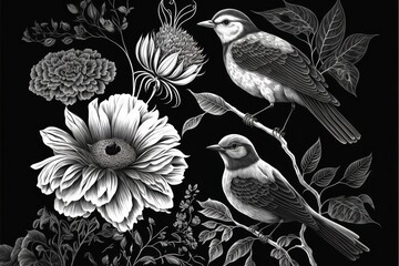 Sticker -  a black and white drawing of two birds on a branch with flowers and leaves on a black background with a white outline of the image of a bird and a flower and a white background. Generative AI