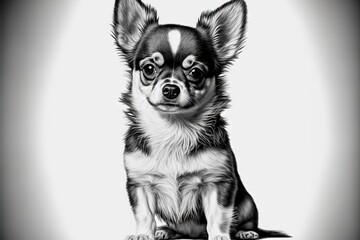  a black and white drawing of a small dog sitting down with its eyes open and a sad look on its face, with a white background, black and white backdrop, with a small. Generative AI