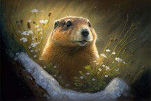  A Painting Of A Groundhog In The Snow With Flowers In The Foreground And Snow On The Ground Behind It, With A Brown Background Of Snow And Grass And White Flowers, And. Generative AI