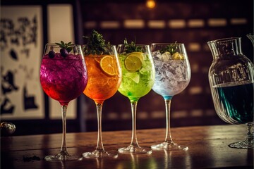 Poster -  a row of glasses filled with different colored drinks on a table next to a pitcher of water and a glass of wine on a table with a straw and a lemon and a sprig. Generative AI