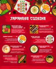 Canvas Print - Japanese cuisine menu, restaurant dishes and Asian food meals, vector lunch and dinner. Japanese cuisine food bowls with sushi, sashimi and beef teriyaki noodles, seafood kushiyaki and shrimp tempura