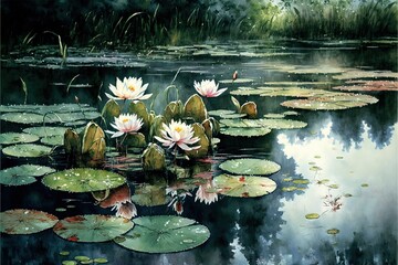  a painting of water lilies in a pond with lily pads on the water and a sky background with clouds and grass, with a few water lilies in the foreground, and a. Generative AI