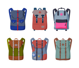 Wall Mural - Set of backpacks, rucksacks for schoolchildren, students, travellers and tourists cartoon vector illustration