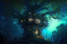 Mysterious Treehouse Amid The Fairy Woods Generative AI