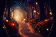 A Glittering Road Leads Through A Forest Of Enchantment In This Fictitious Scenario. Generative AI