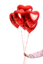 Woman With Heart Shaped Balloons For Valentine's Day On White Background