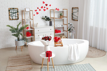 Wall Mural - Interior of bathroom decorated for Valentine's Day with flowers, gifts and hearts