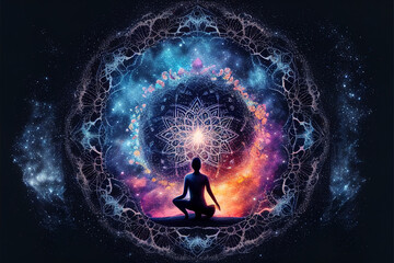 man meditate chakra energy with mandala object. human yoga pose and meditation against universe ener