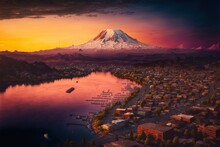 Portage Bay And Mount Rainier In Seattle, Washington, From The Air - Generative AI