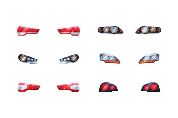 Wall Mural - Car headlights set. Front and back lights, car detail cartoon vector illustration