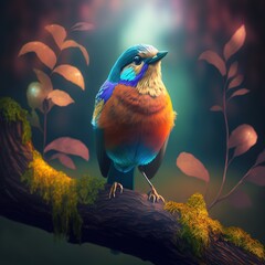 Wall Mural -  a colorful bird sitting on a branch in a forest with leaves and moss on it's sides and a bright light shining in the background behind it, with a beam of light from the. generative ai