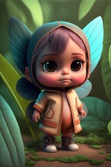 Wall Mural -  a cartoon character with a blue wings and a brown outfit standing in a forest with green leaves and a green plant behind her, with a blue eyes and a brown jacket on top with. generative ai