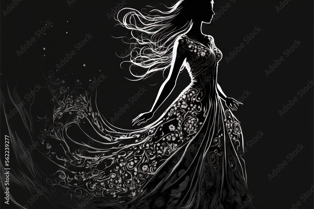 a woman in a long dress with her hair blowing in the wind Stock ...