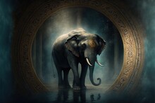  An Elephant Standing In A Dark Room With A Light Shining On It's Head And Trunk, With A Circular Doorway In The Background, With A Light Shining On Its Trunk, And. Generative Ai