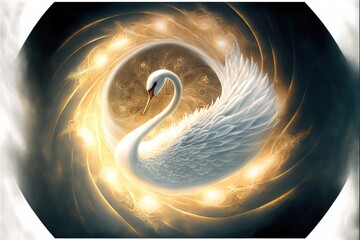 Poster -  a white swan with a yellow ring around it's neck and wings, in a circular picture with a white background and a gold ring around it's neck and a white swan. generative ai