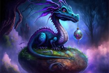  A Dragon Sitting On Top Of A Rock In The Woods With A Ball In Its Mouth And A Tree In The Background With A Purple Sky And Purple Hued Background With A Few Clouds. Generative Ai