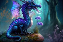  A Blue Dragon Sitting On A Rock In A Forest With Mushrooms And Mushrooms Around It, With A Blue Sky Background And A Few Bubbles Floating Bubbles In The Air Above It, And Below. Generative Ai