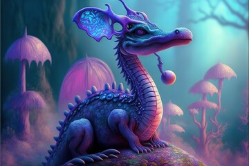 Wall Mural -  a dragon with a strange head and wings sitting on a rock in a forest with mushrooms and mushrooms in the background, with a blue sky and purple hued background with a few clouds. generative ai