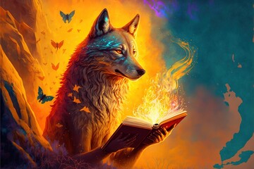 Wall Mural -  a wolf reading a book in a field of grass and butterflies, with a fire in the background and a blue sky with a yellow glow on its face and a yellow background, with a. generative ai